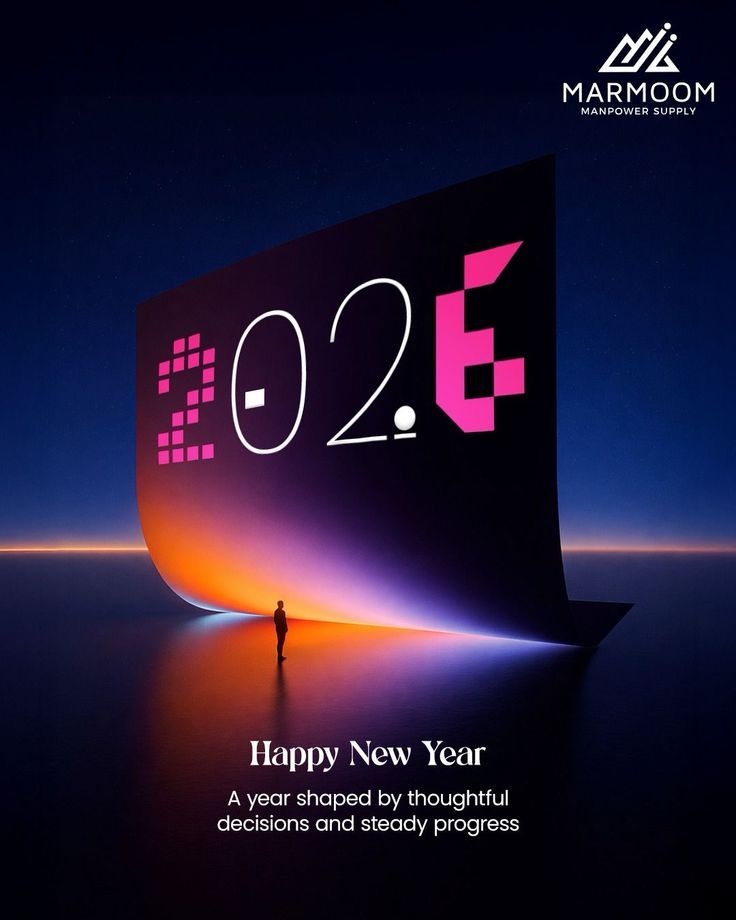 Giant curling dark sheet showing 2026 above a tiny standing figure