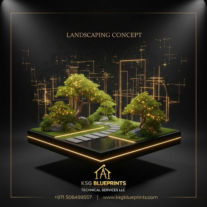 Landscaping & Gardening creative ad: Glowing blueprint lines rising into garden
