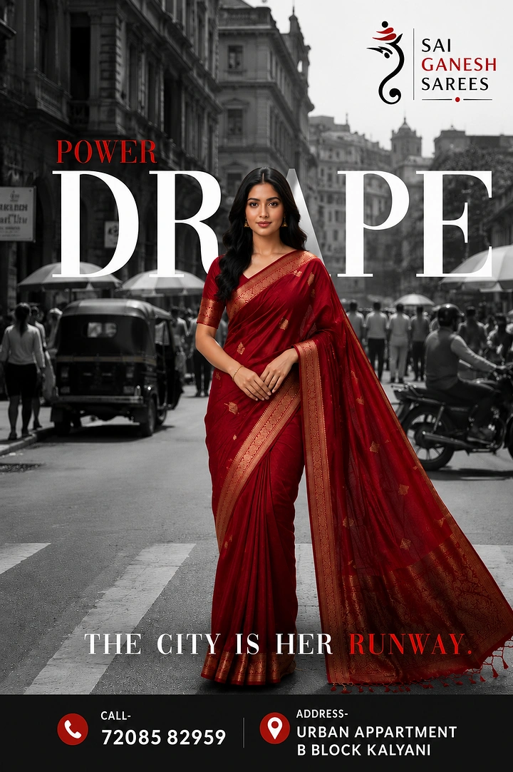 Ethnic Wear & Sarees creative ad: City-as-runway, model breaks DRAPE headline