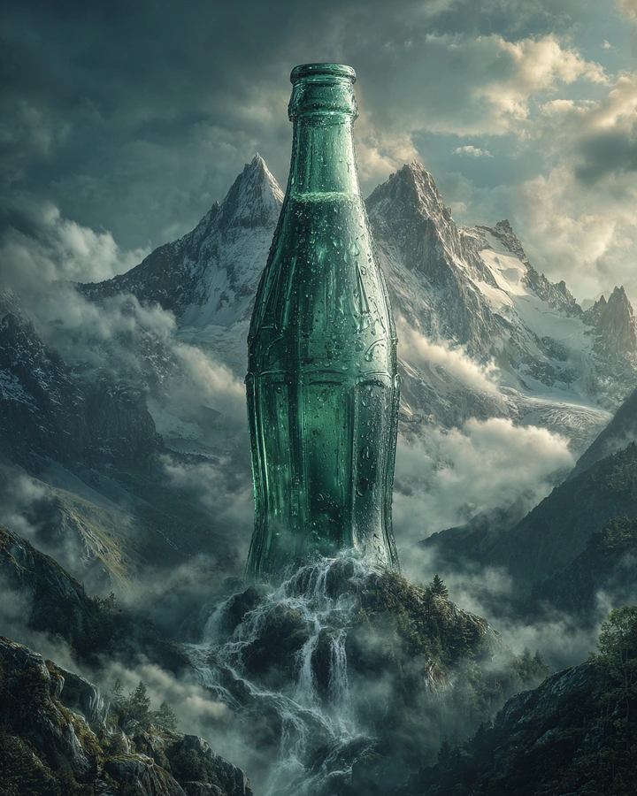 Packaged Drinking Water creative ad: Giant bottle becomes mountain waterfall