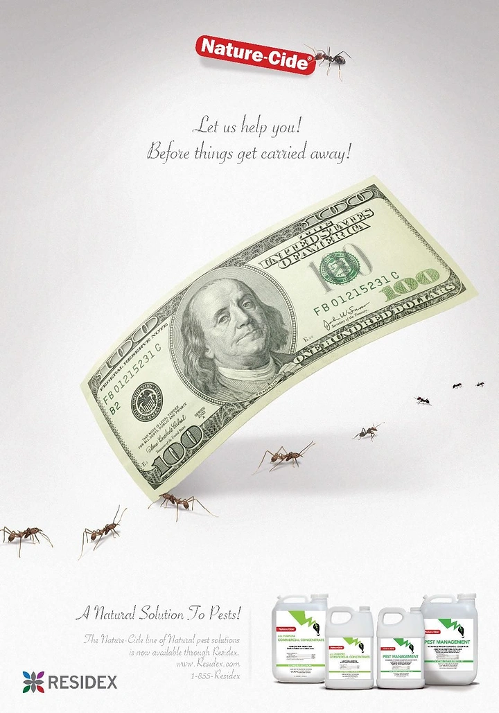 Pest Control creative ad: Ants carrying away dollar bill metaphor