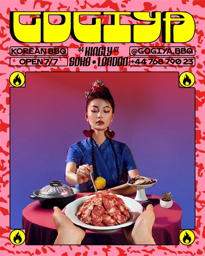 Korean Restaurants creative ad: Retro editorial framing for Korean BBQ