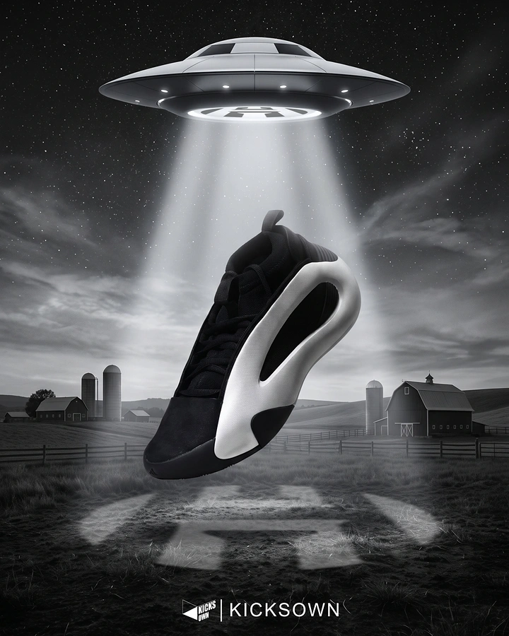 Sneakers & Footwear creative ad: Black-and-white sneaker being abducted by a UFO over a farm