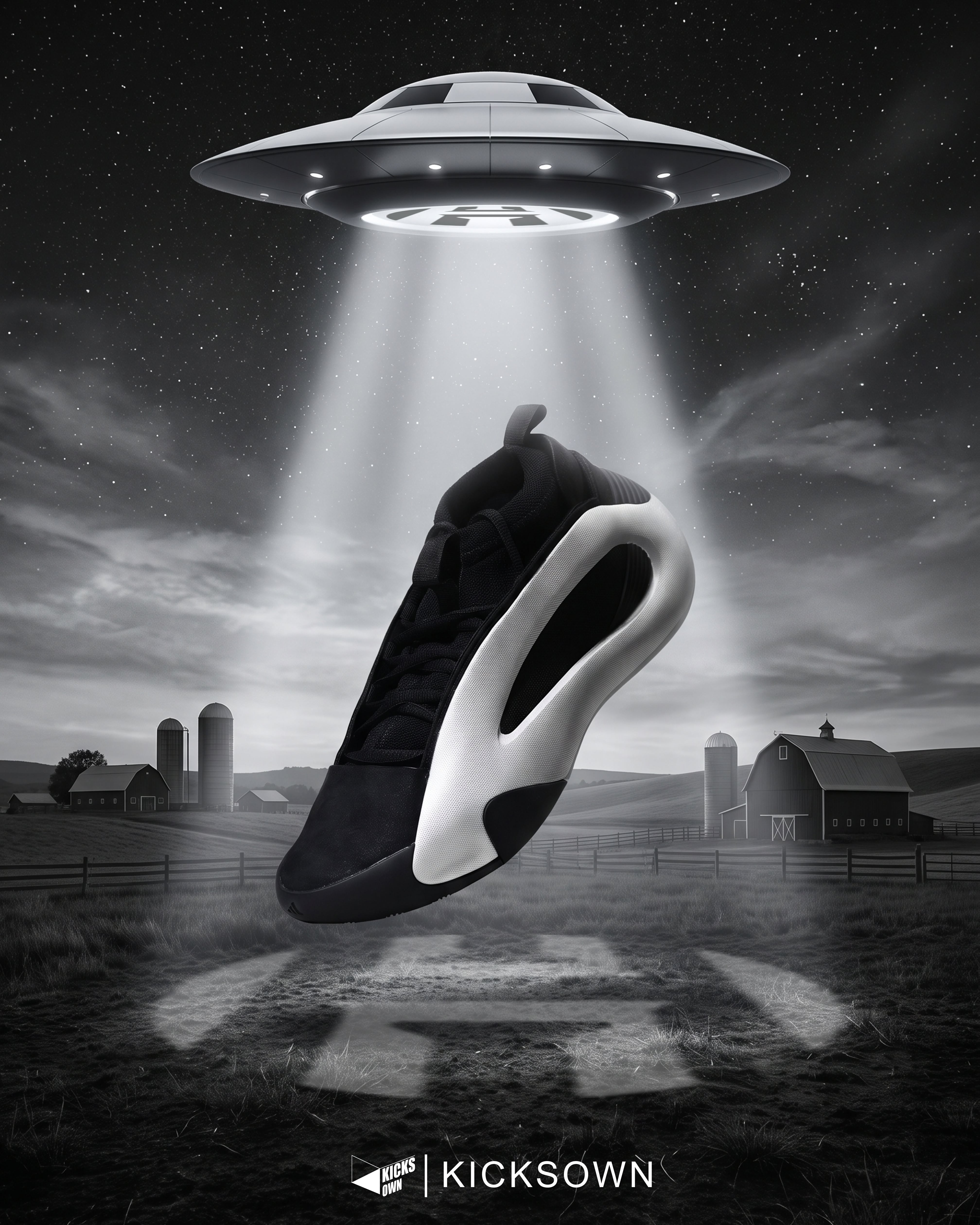 Carousel: Black-and-white sneaker being abducted by a UFO over a farm, slide 1