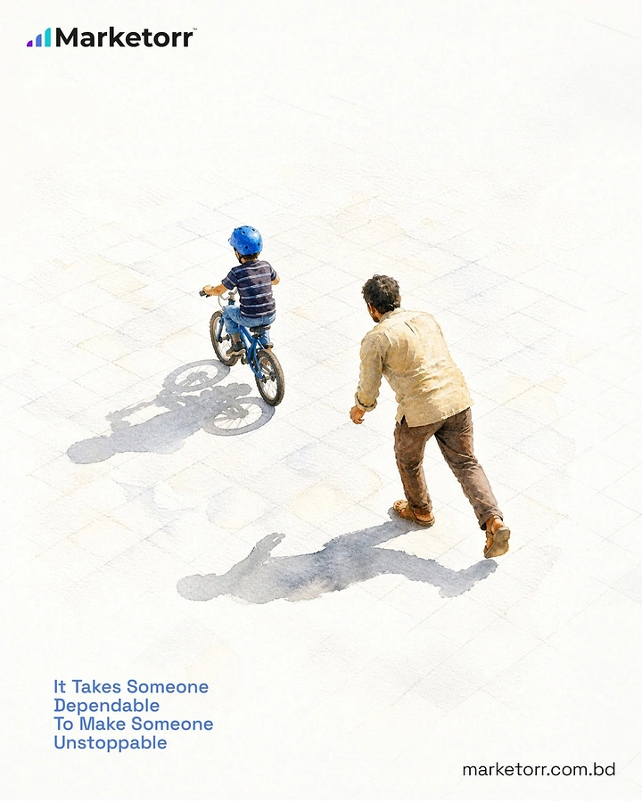Father's Day creative ad: Watercolour of a father running behind his son as the boy rides a bicycle