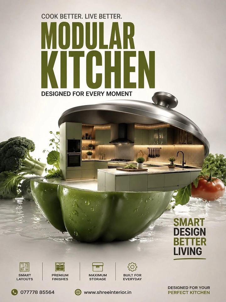 Modular Kitchens creative ad: Olive modular kitchen set inside a halved bell pepper under a steel lid