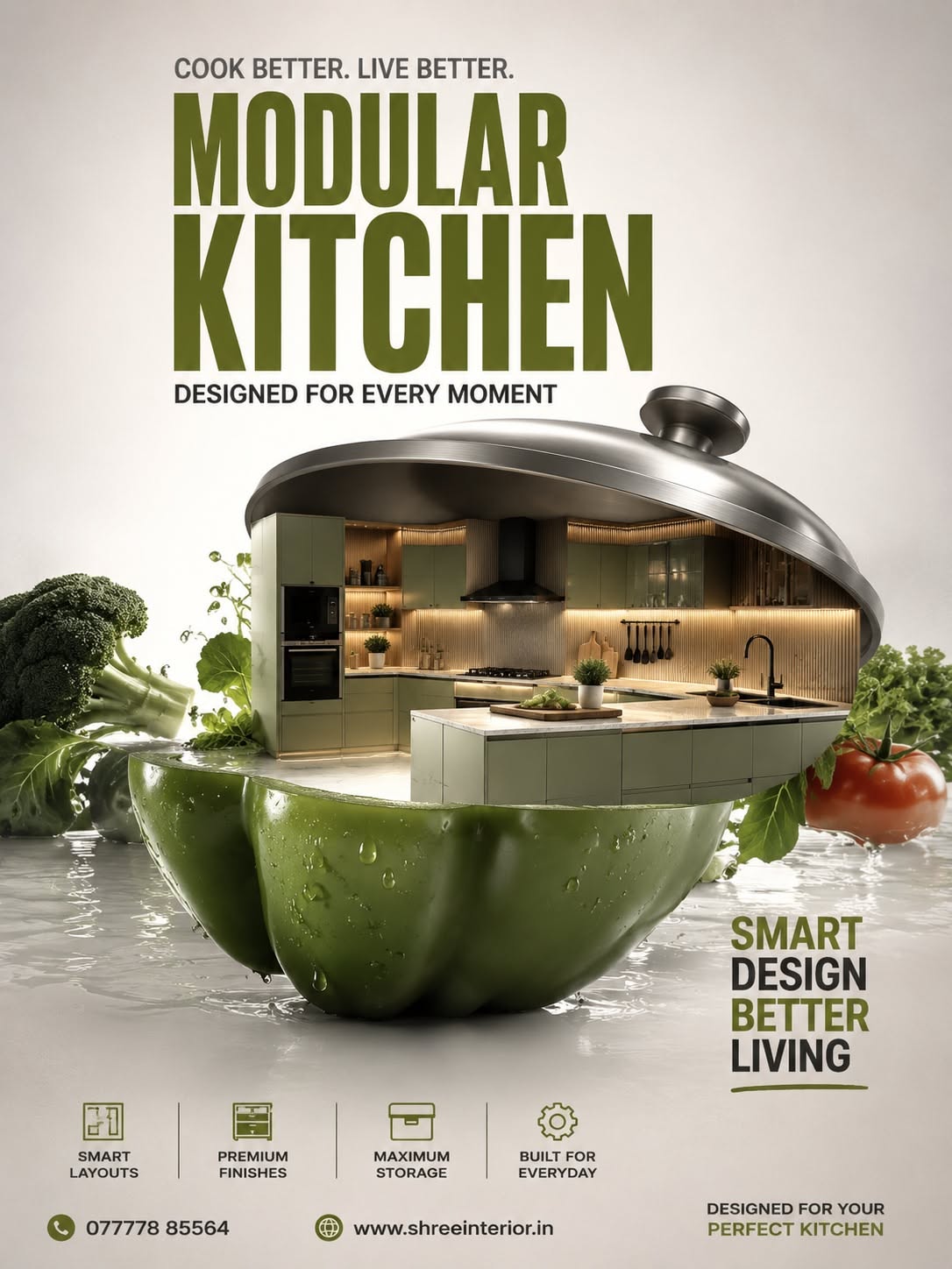 Instagram post: Olive modular kitchen set inside a halved bell pepper under a steel lid