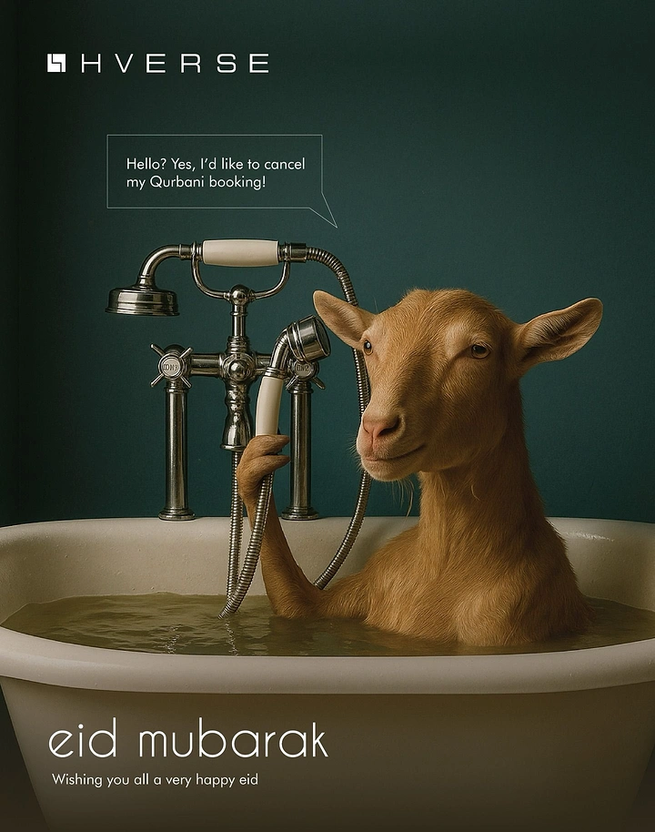 Eid creative ad: Goat in a bathtub holding a shower head like a phone