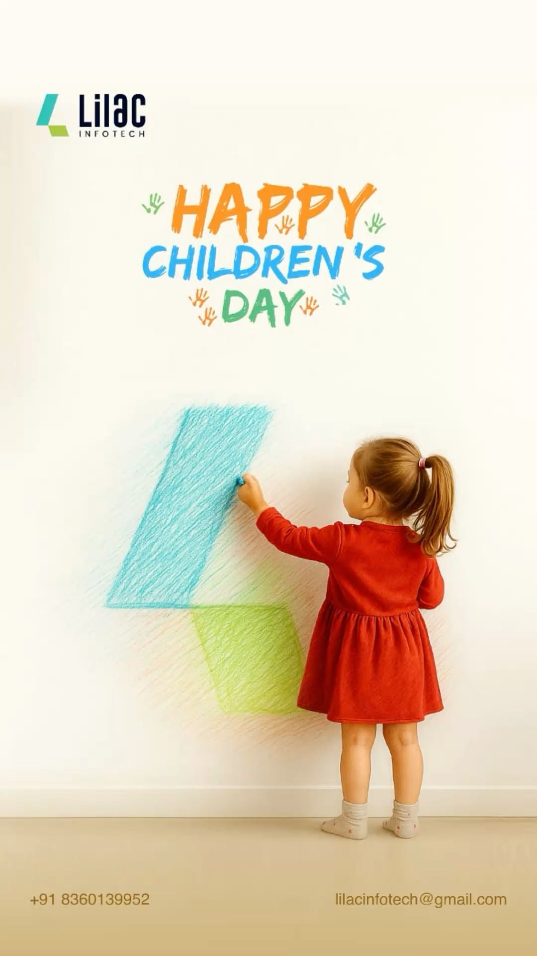 Little girl crayoning the brand logo shape on a white wall