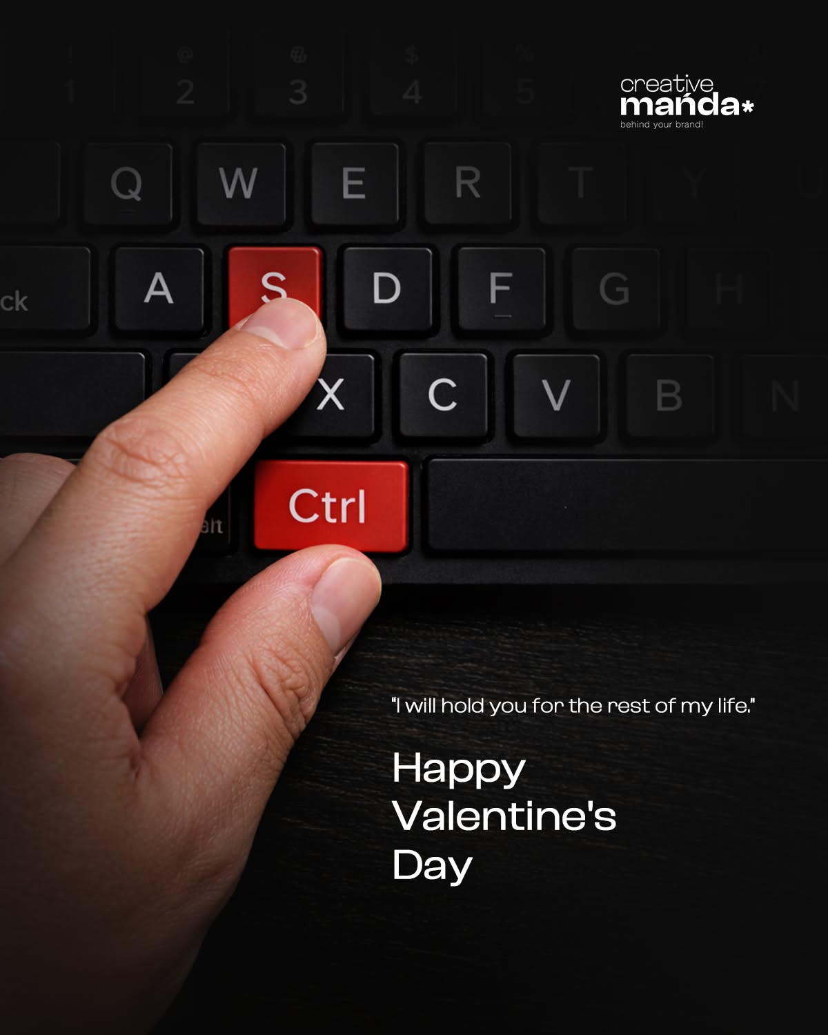 Valentine's Day Instagram post: Hand pressing red Ctrl and S keys on a black keyboard