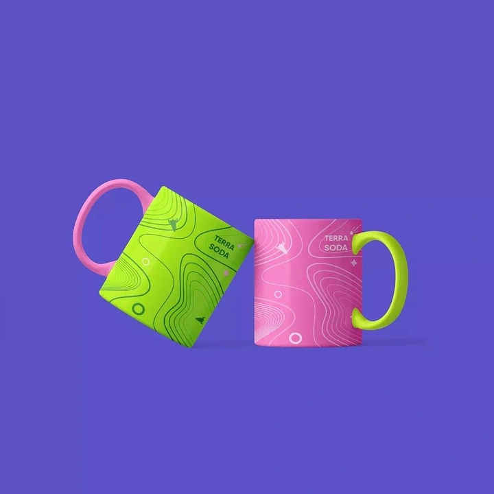 Tumblers, Flasks & Drinkware creative ad: Mugs integrated into colorful abstract pattern