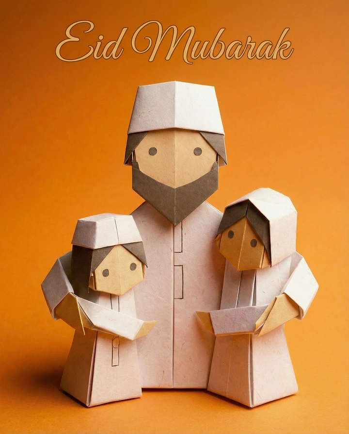 Eid creative ad: Origami paper family: father with two children