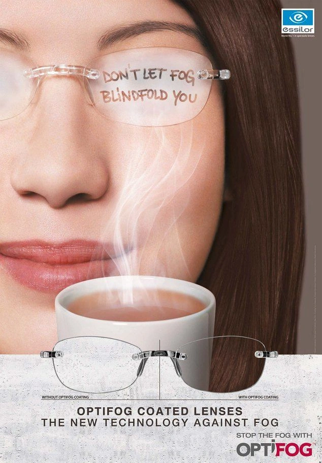 Opticians & Eye Care creative ad: Tea steam fogging lens, anti-fog demo