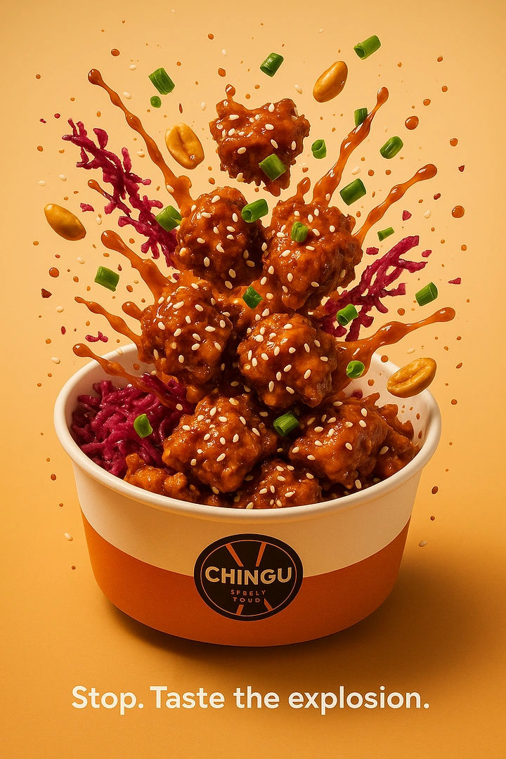 Korean Restaurants creative ad: Chicken explosion visualizes flavor intensity