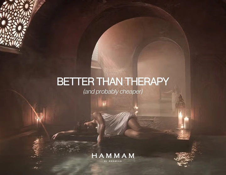 Spa & Massage creative ad: Witty 'better than therapy' copy, cinematic hammam