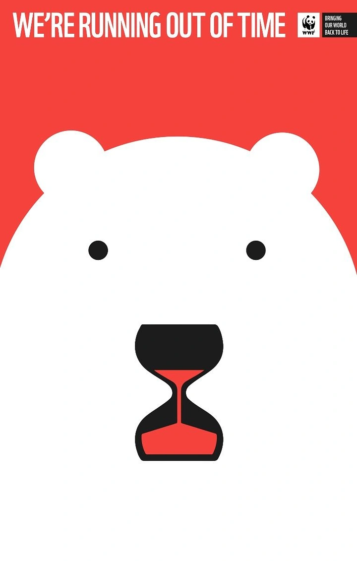 Creative ad: Flat white polar bear face whose nose is an hourglass