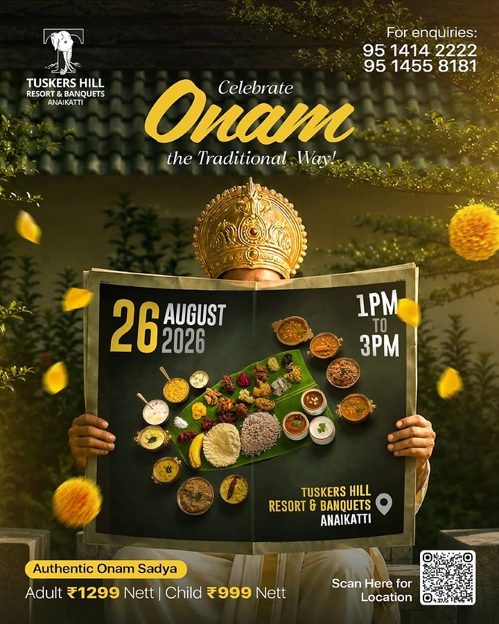 Onam creative ad: Mahabali hidden behind a newspaper that shows an Onam sadya spread