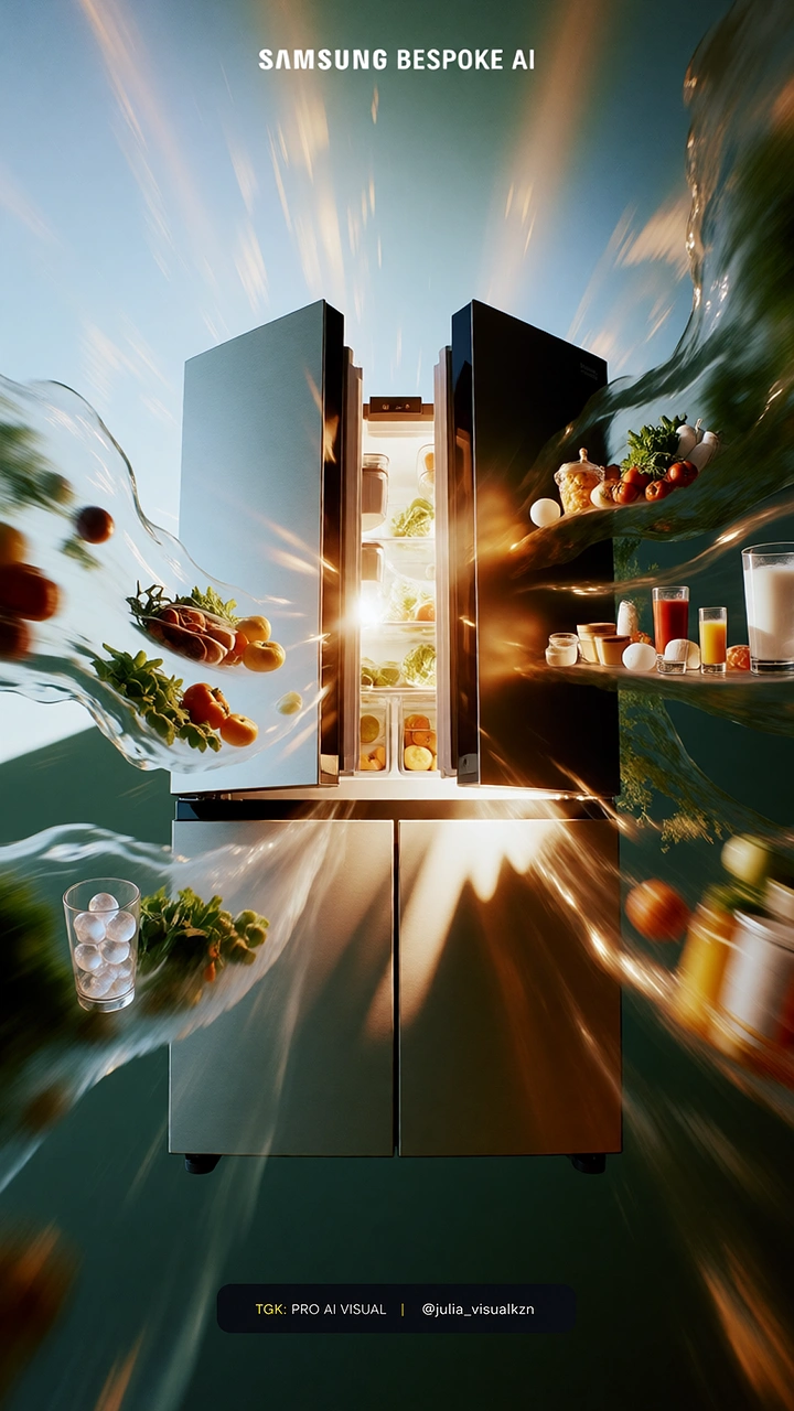 Home Appliances creative ad: Fridge bursting with flying fresh food