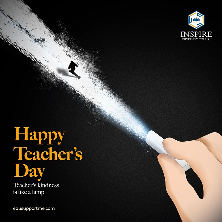 Teachers Day creative ad: Hand holding chalk casting a light-beam path for a walking figure