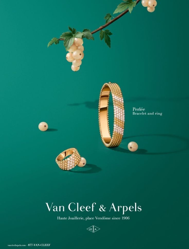 Poster: Beaded gold and diamond bangle and ring on emerald green with white currants