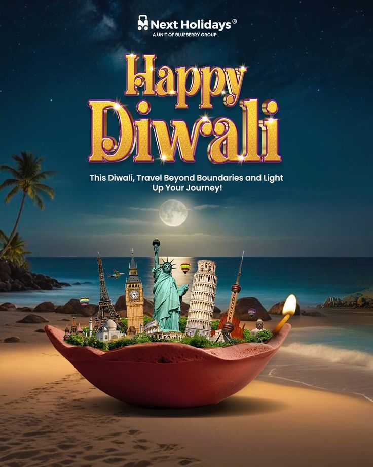 Giant clay diya on a moonlit beach filled with famous world landmarks