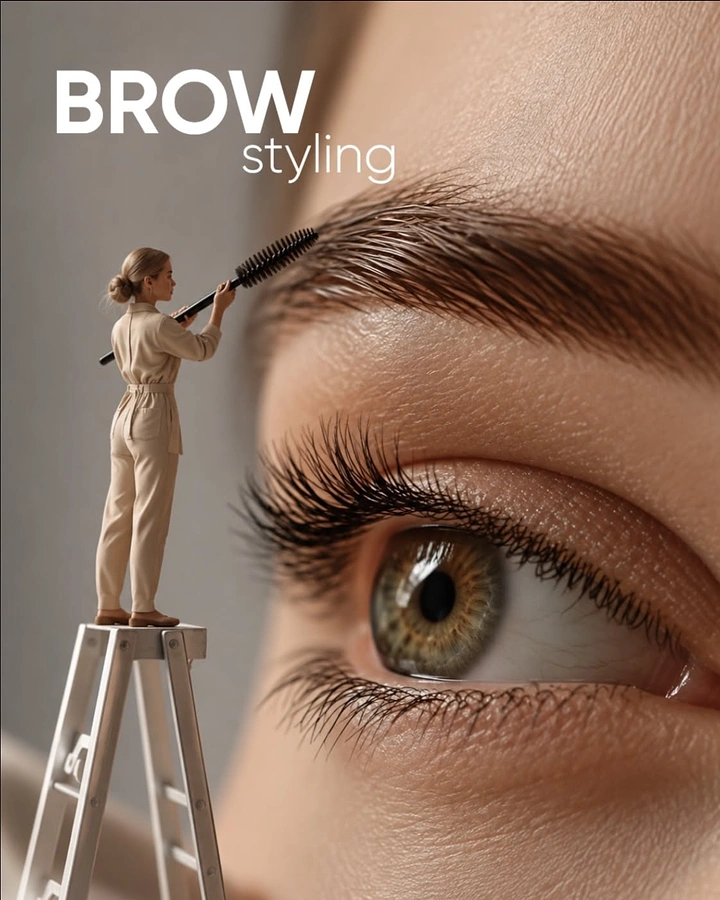 Lash & Brow Studios creative ad: Macro eye and eyebrow with miniature brow stylist