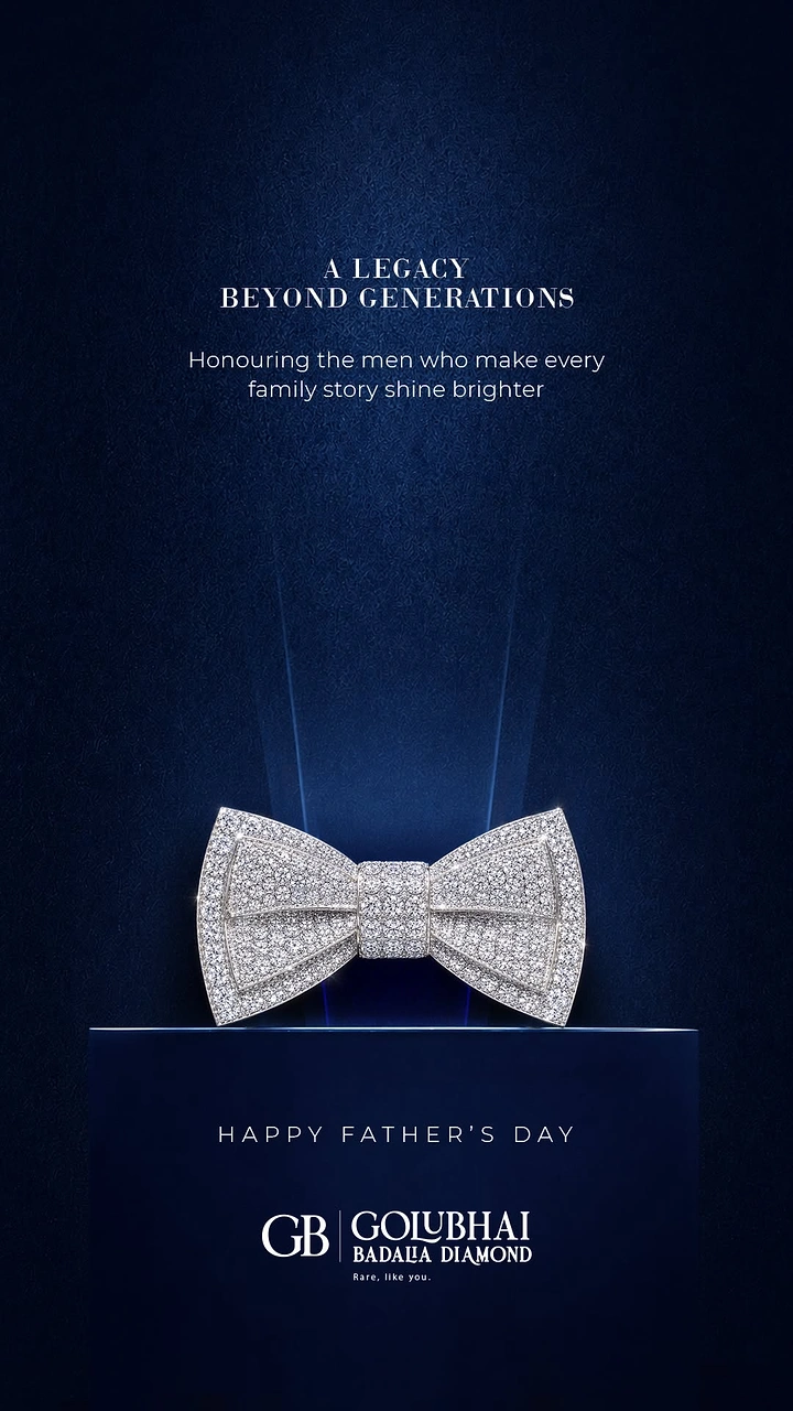 Father's Day creative ad: Pavé-diamond bow tie on a navy pedestal