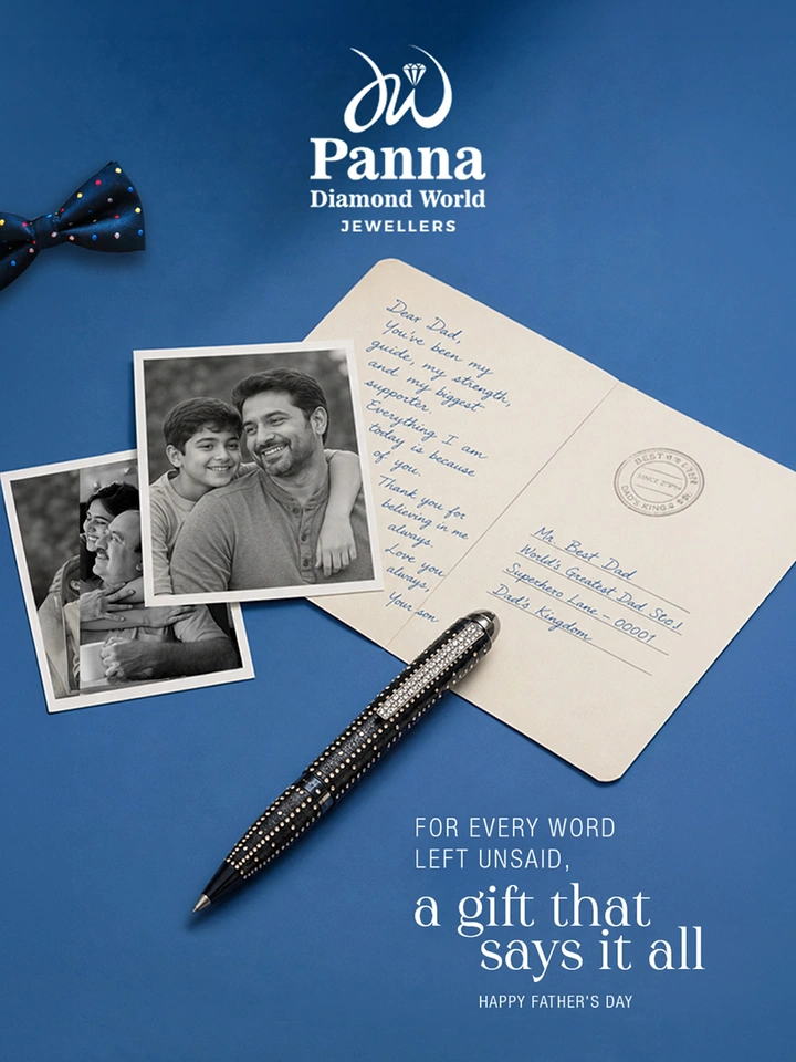 Father's Day creative ad: Diamond-studded pen resting on a handwritten postcard to Dad with family photos
