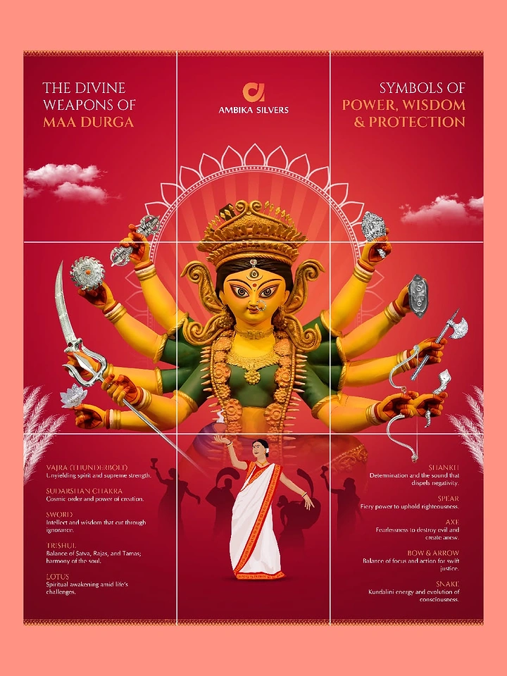 Durga Puja creative ad: Ten-armed Durga idol holding silver weapons