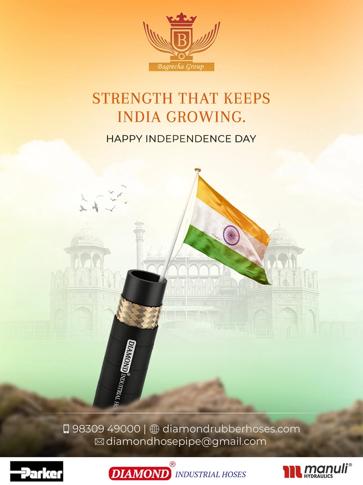 Independence Day creative ad: Industrial hydraulic hose rising from rocks with a tricolour flag planted in it