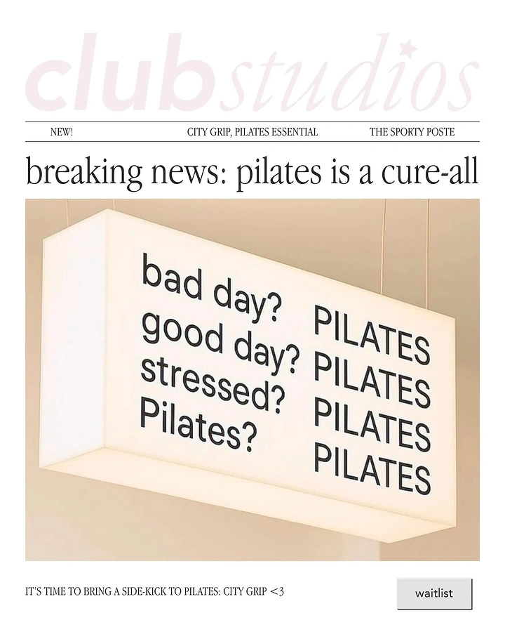 Pilates Studios creative ad: Hanging illuminated lightbox sign repeating the word Pilates