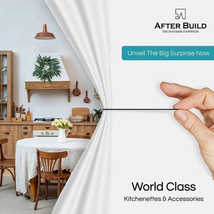 Carpenters & Woodwork creative ad: Hand pulls curtain to unveil kitchen