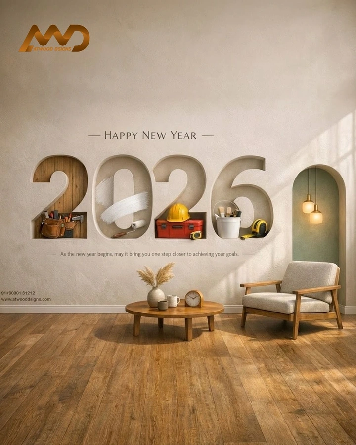 New Year creative ad: 2026 carved as niches into a plaster wall, holding renovation tools, in a sunlit living room