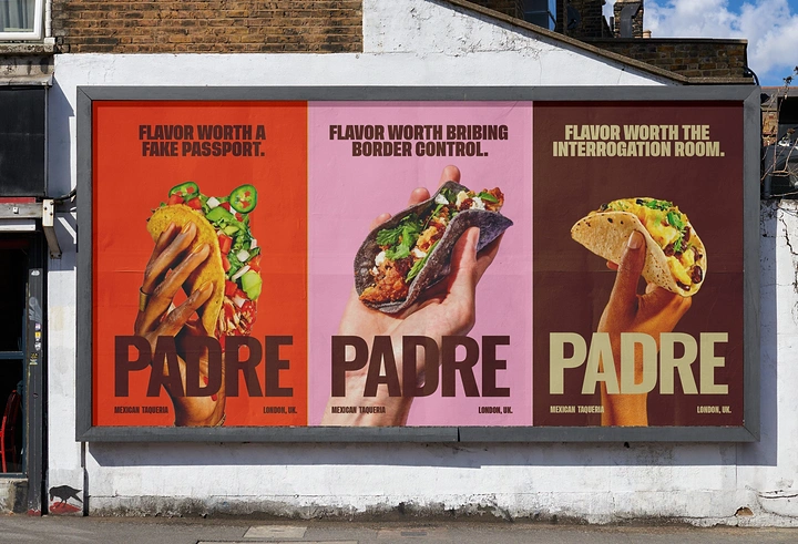 Restaurant & Cafe creative ad: Hands holding tacos on three colour-blocked posters