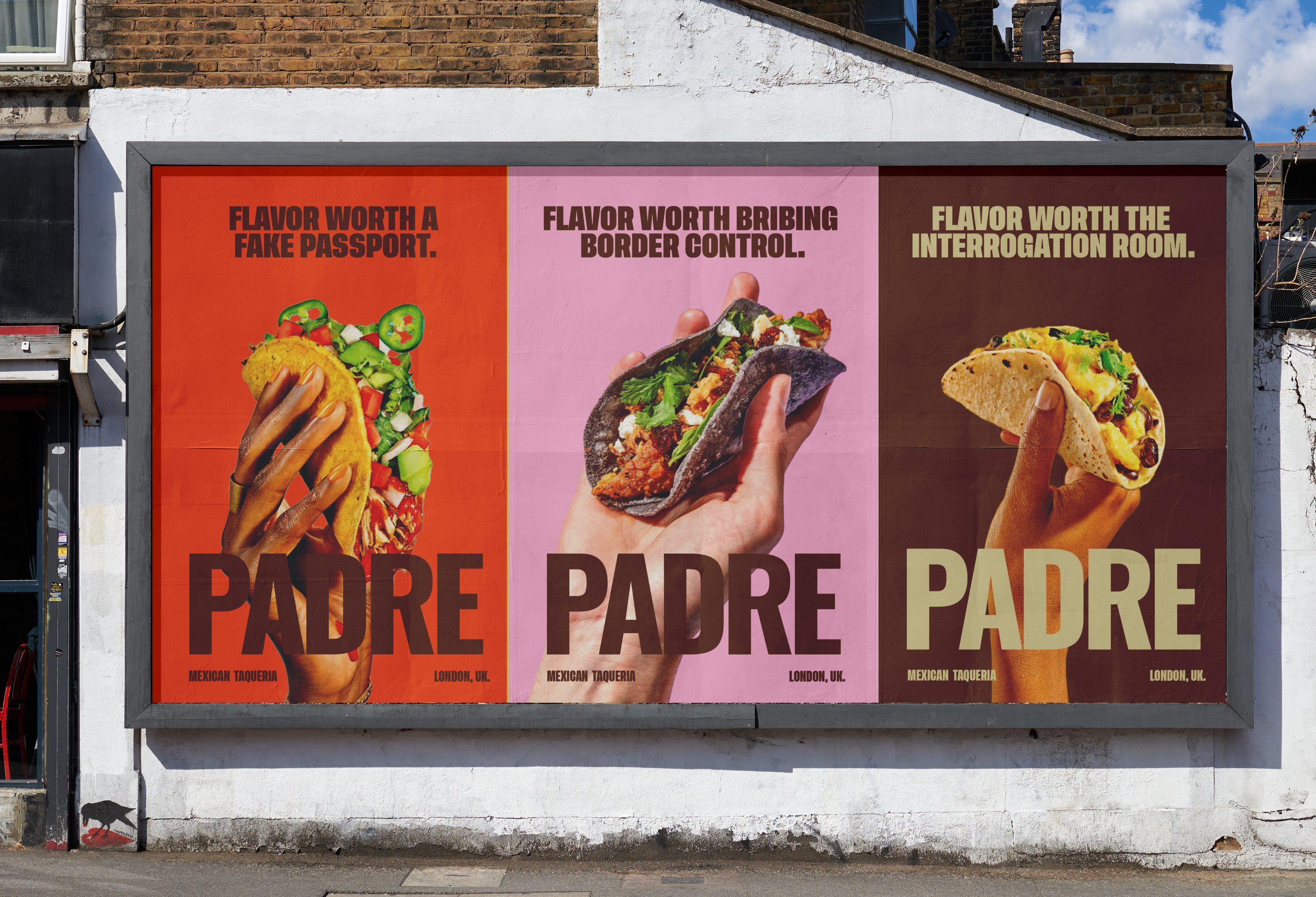 Poster: Hands holding tacos on three colour-blocked posters