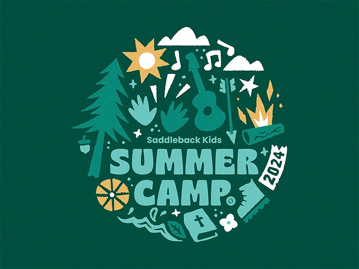 Summer Camps & Kids Activities creative ad: Circular badge of camp icons around summer camp wordmark