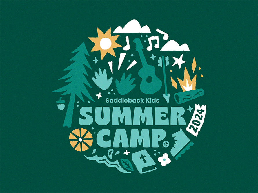 Banner: Circular badge of camp icons around summer camp wordmark