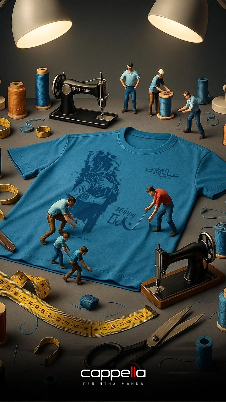 Eid creative ad: Miniature tailors printing an Eid design onto a blue t-shirt