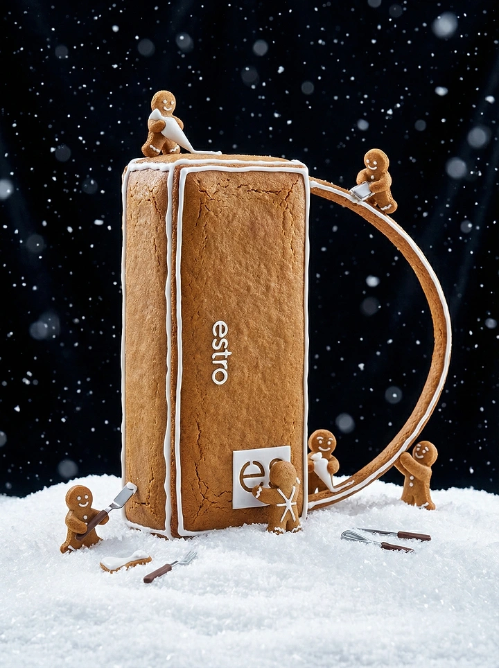 Christmas creative ad: Gingerbread replica of a product being built by tiny gingerbread men