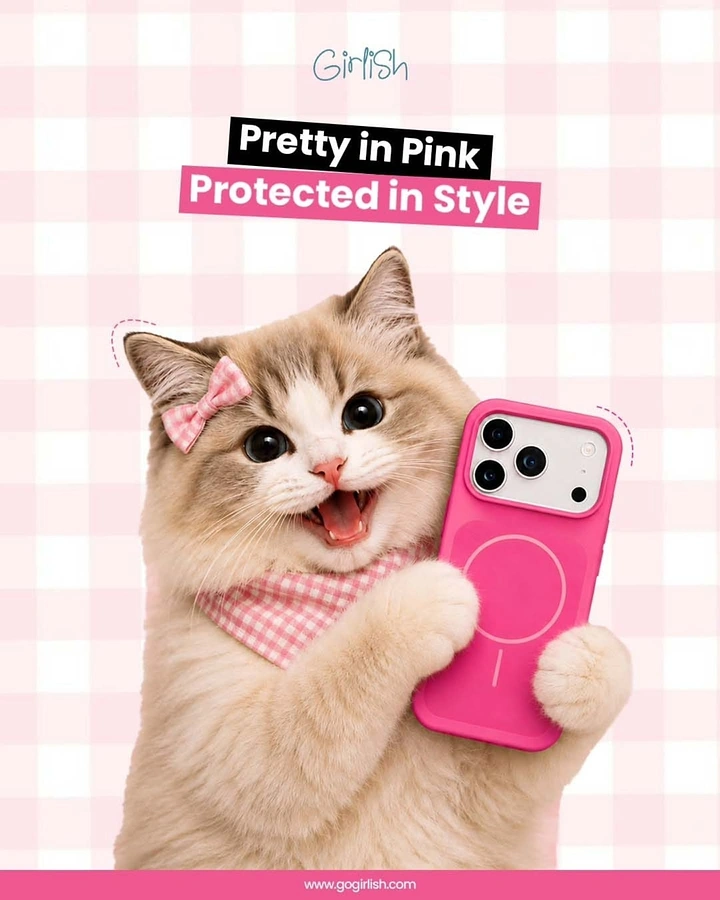 Phone Cases & Mobile Accessories creative ad: Unexpected cat model sells the pink case