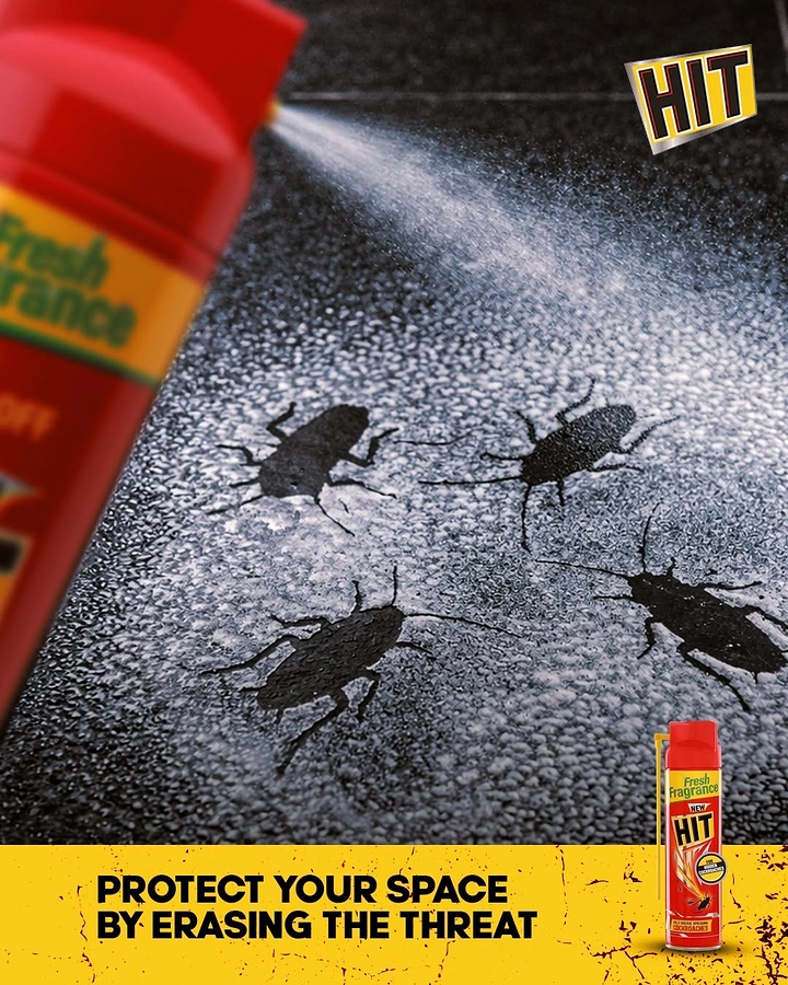 Pest Control creative ad: Spray can misting cockroaches that leave only dark silhouettes on the floor