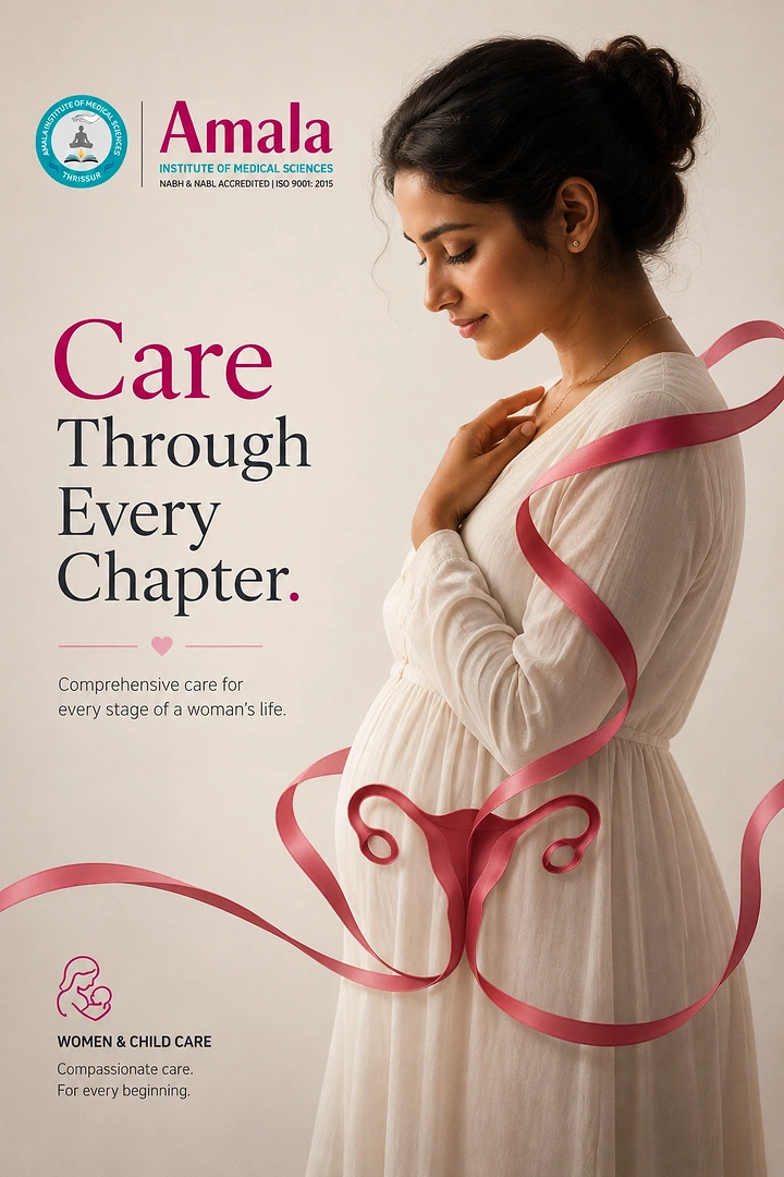 Healthcare creative ad: Pregnant woman in white dress wrapped by a pink ribbon forming a uterus shape
