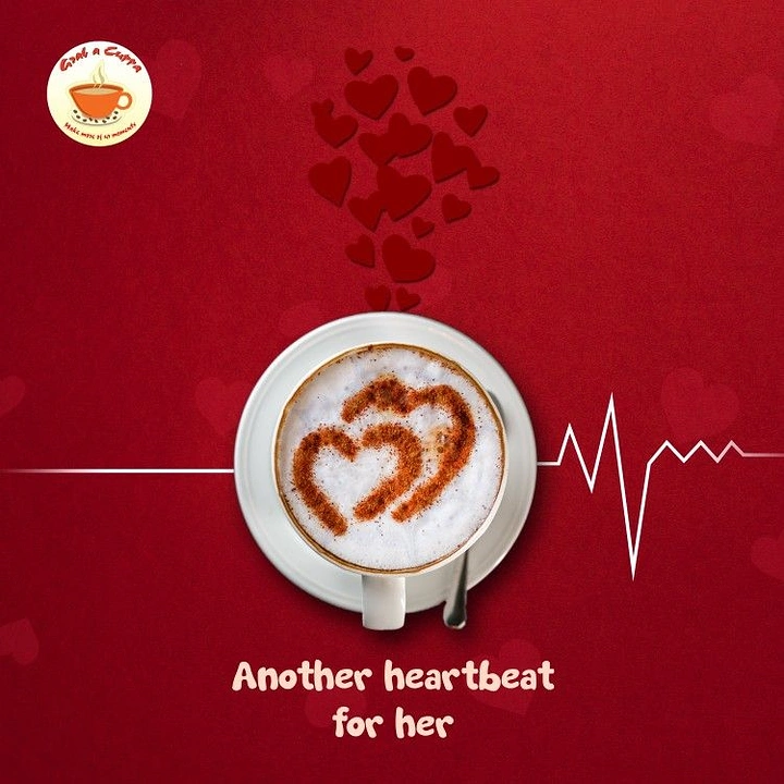 Valentine's Day creative ad: Top-down cappuccino with heart latte art and ECG heartbeat line