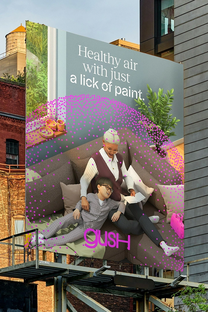 Paint Brands & Paint Shops creative ad: 3D-rendered grandmother and child relaxing on a sofa, surrounded by a magenta dot air aura