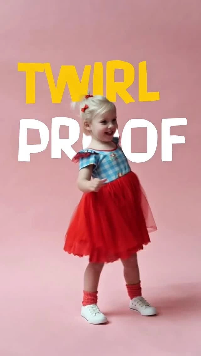Kids Clothing creative ad: Twirling girl replaces O in 'Twirl Proof'