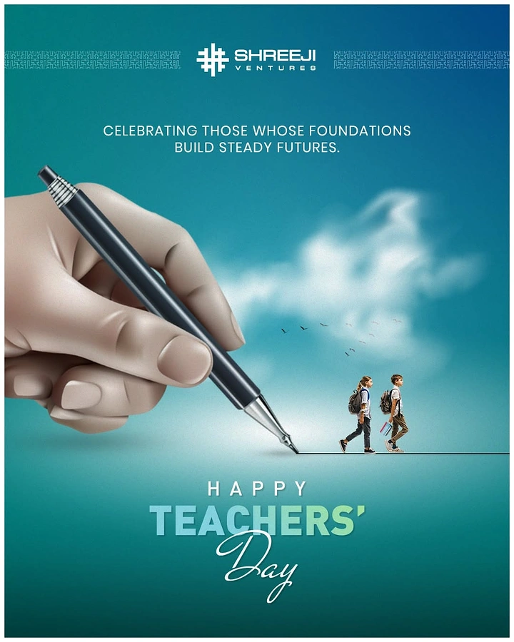 Teachers Day creative ad: Giant hand drawing a line that two schoolchildren walk along