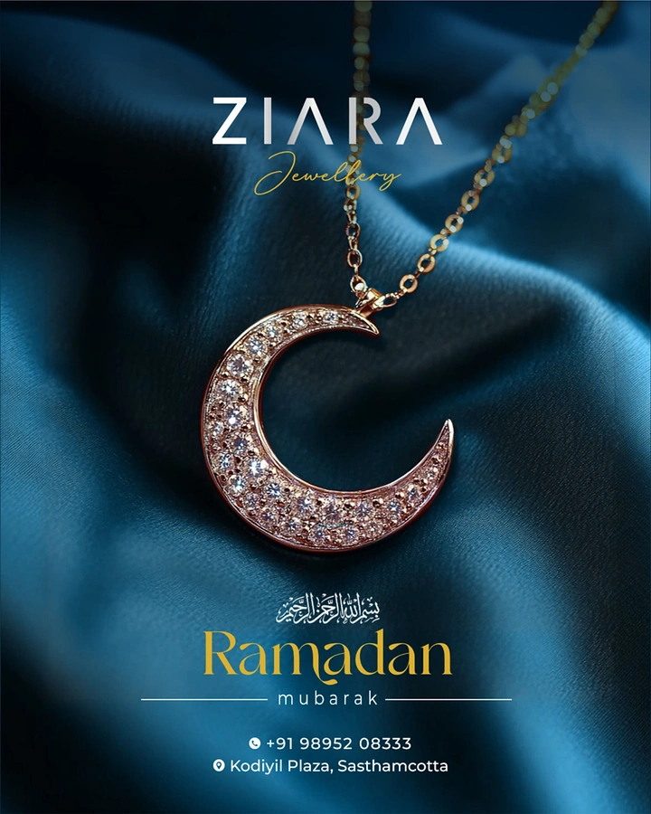 Ramadan creative ad: Rose-gold diamond-studded crescent pendant on teal satin