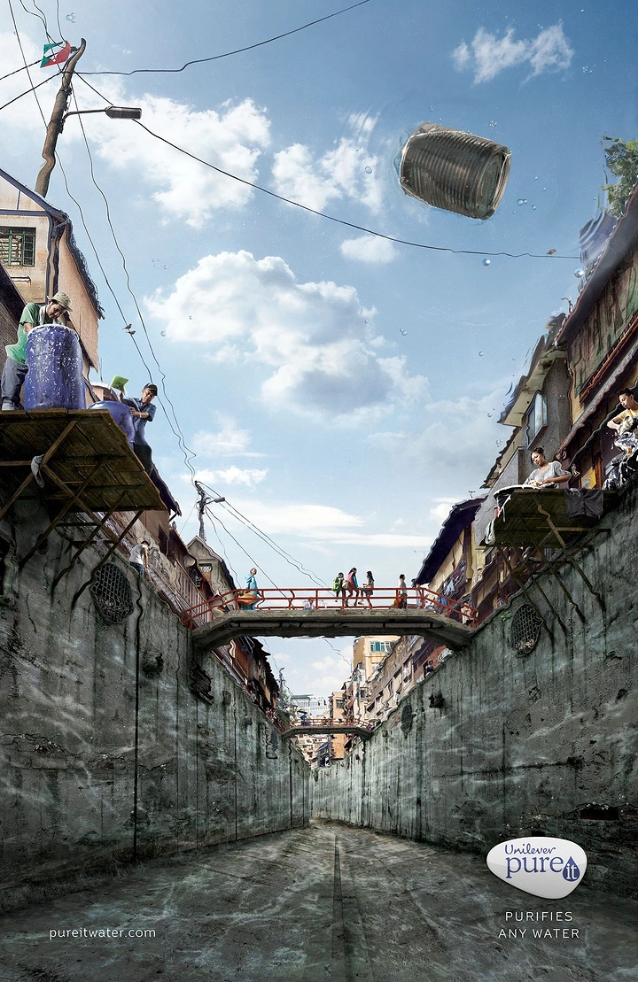Water Purifiers creative ad: Tin can floating in sky above a drained city canal