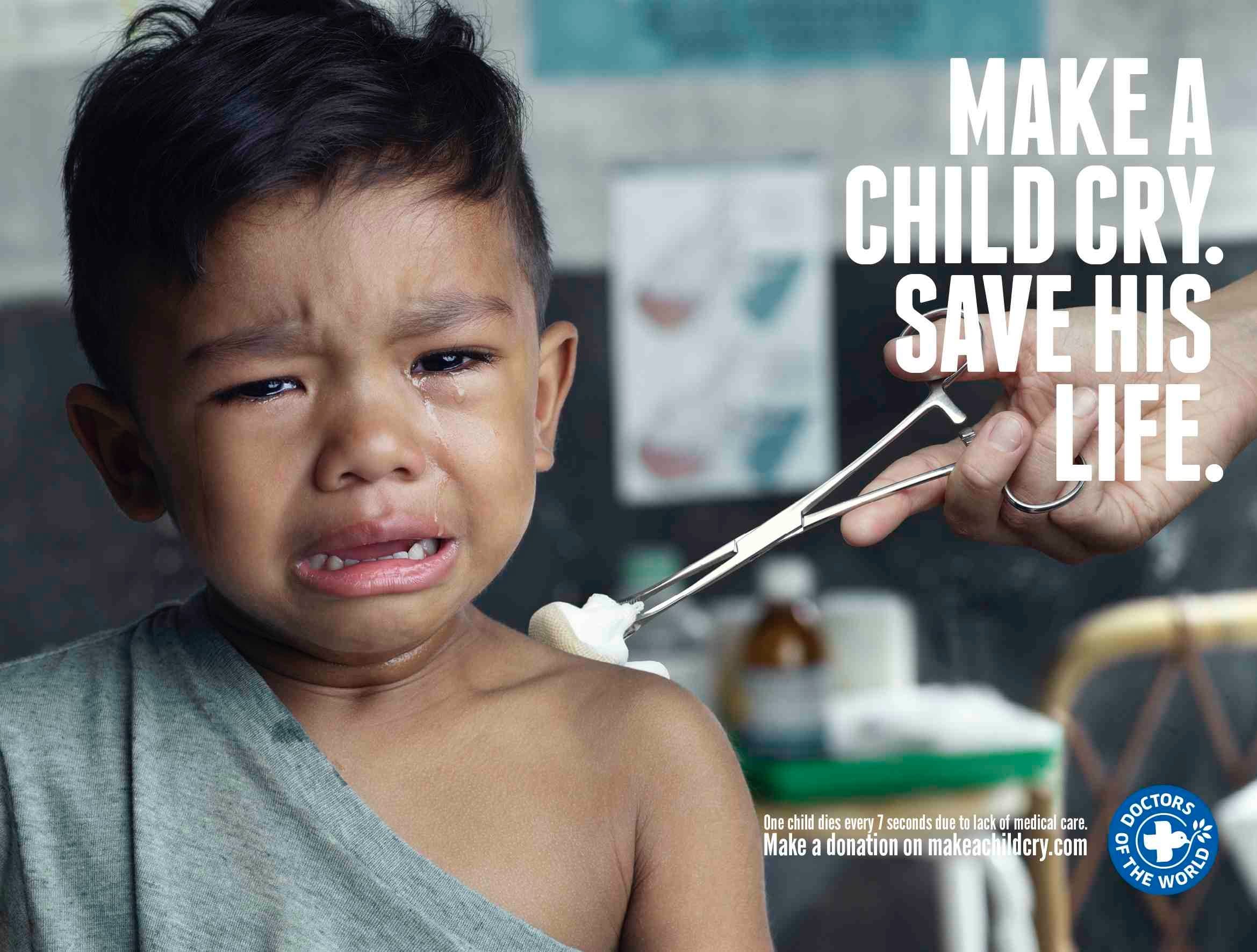 Poster: Crying boy getting his shoulder swabbed with forceps