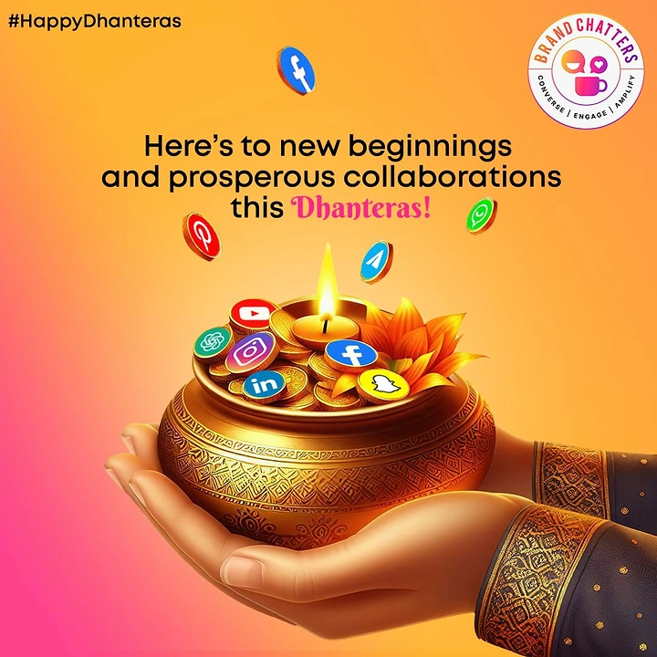 Dhanteras creative ad: Hands offering a brass pot of coins and social icons